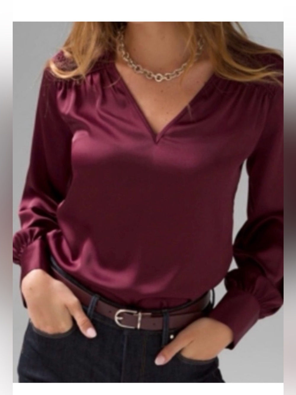 WHBM Satin V-Neck Long Sleeve Top in Wine